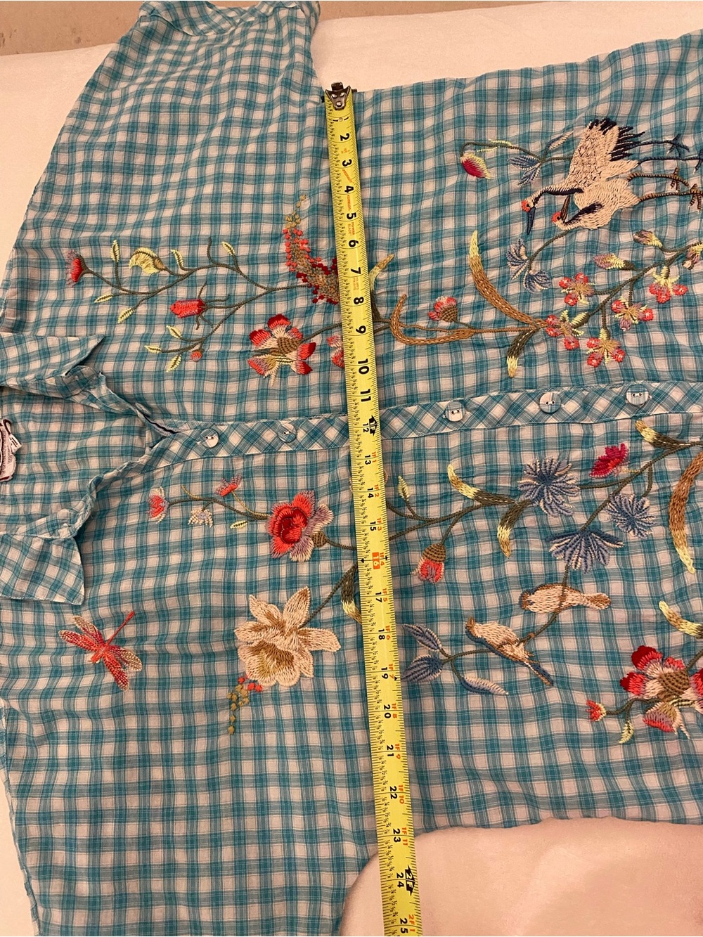 Johnny Was Turquoise Gingham Embroidered Button-Front Blouse , great condition! - Picture 8 of 16